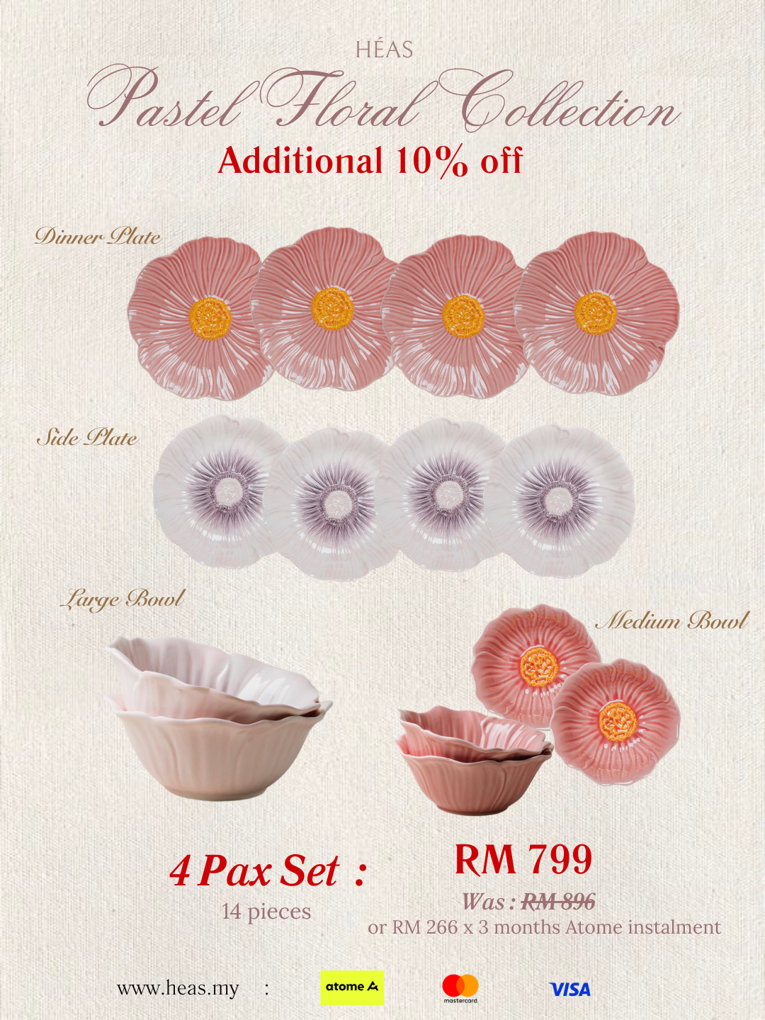 Pastel Floral Dinnerware MIX COLOURS (4 Pax Set – 14 pieces)