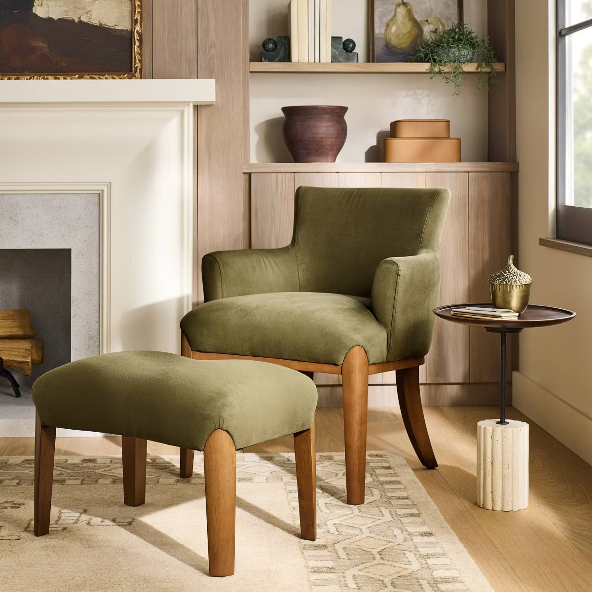 Upholstered Ottoman With Wood Legs Olive Green
