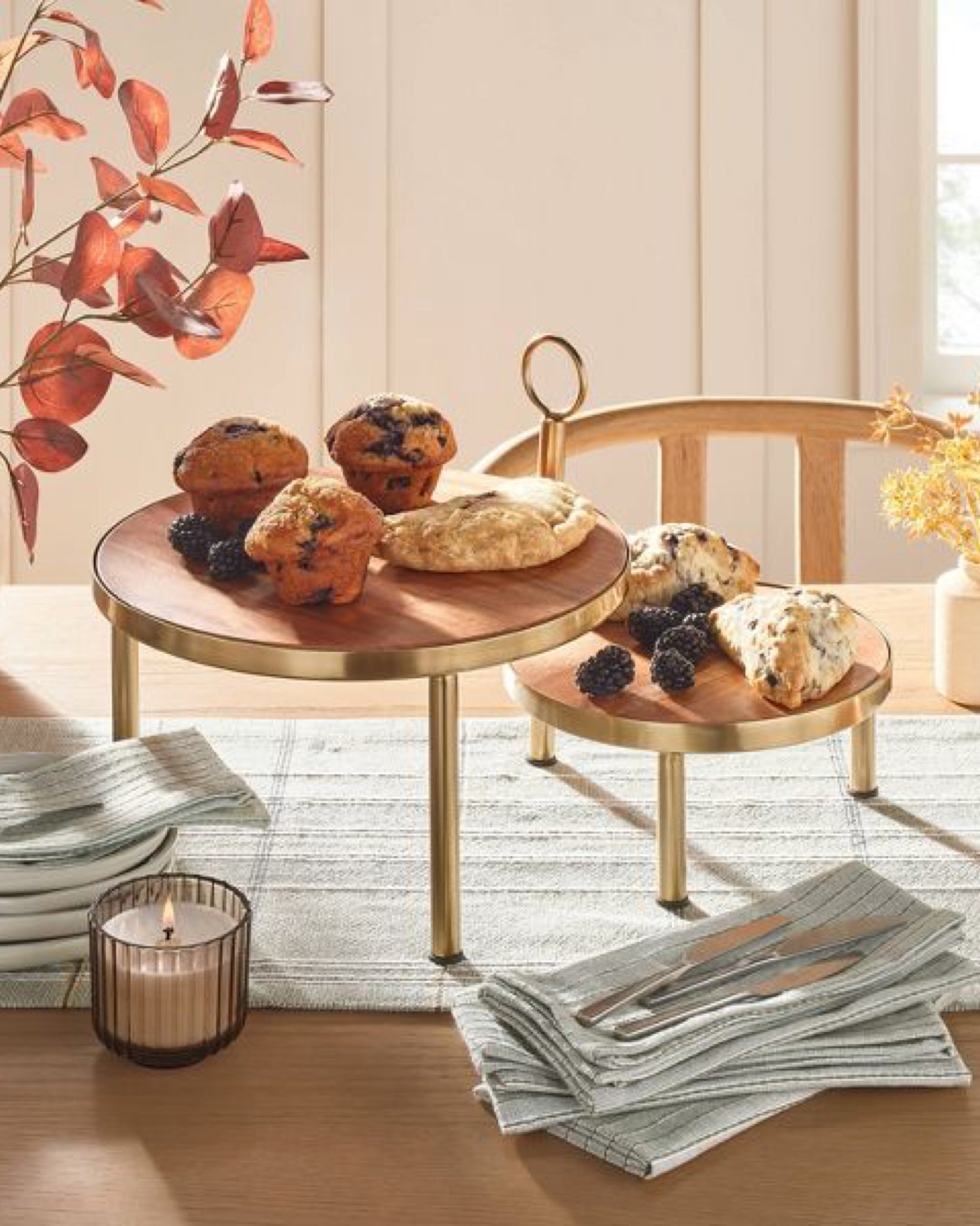 [imperfect] Tiered Wood & Metal Nested Round Serving Stand Brass/Brown