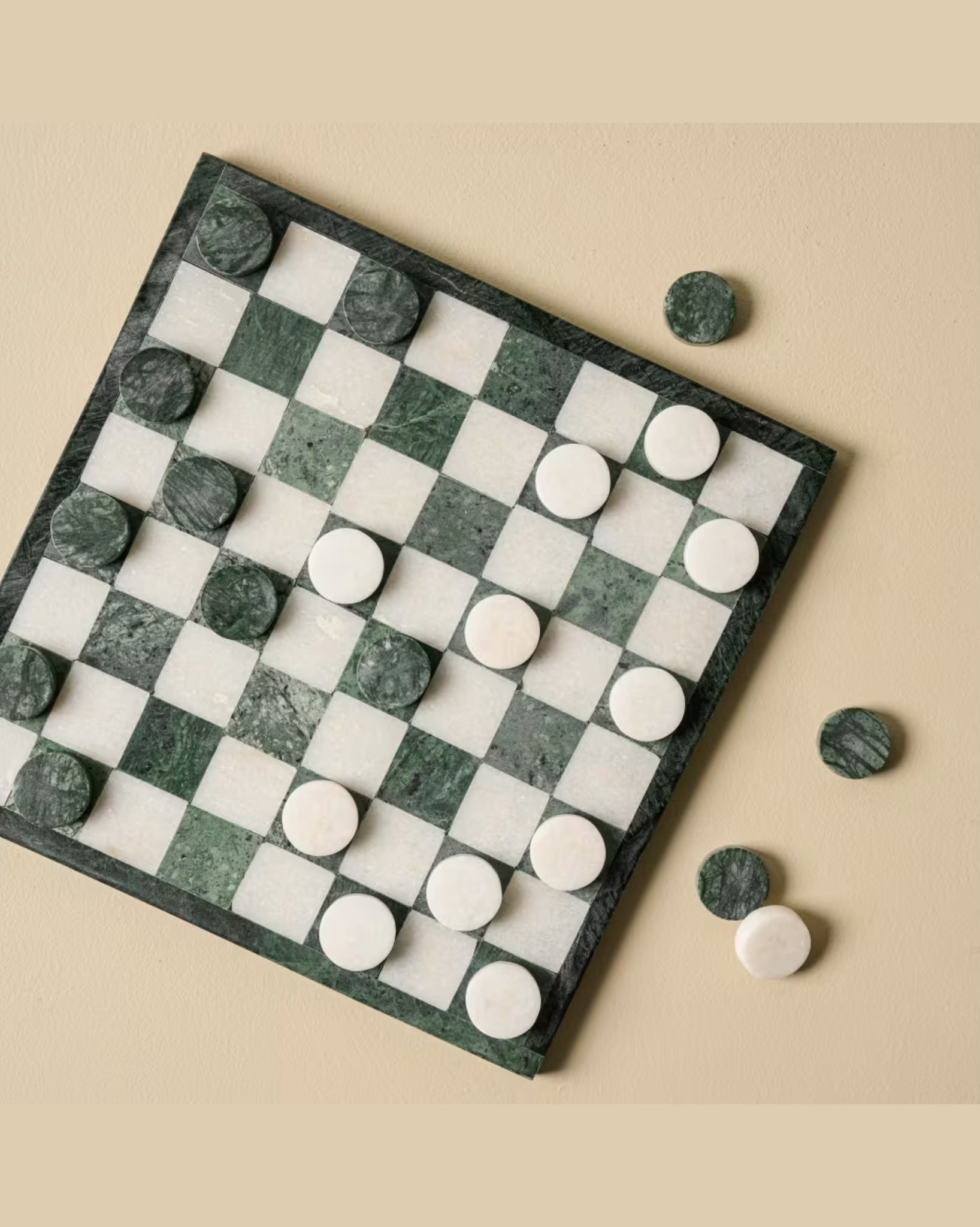 Green and White Marble Checkers Set