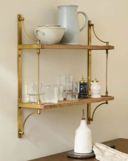 Double Parker Brass and Wood Shelf