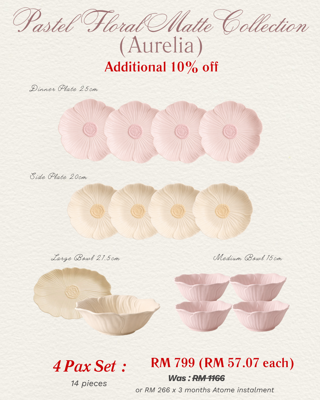 Pastel Floral Dinnerware Matte MIX COLOURS (4 Pax Set – 14 pieces)