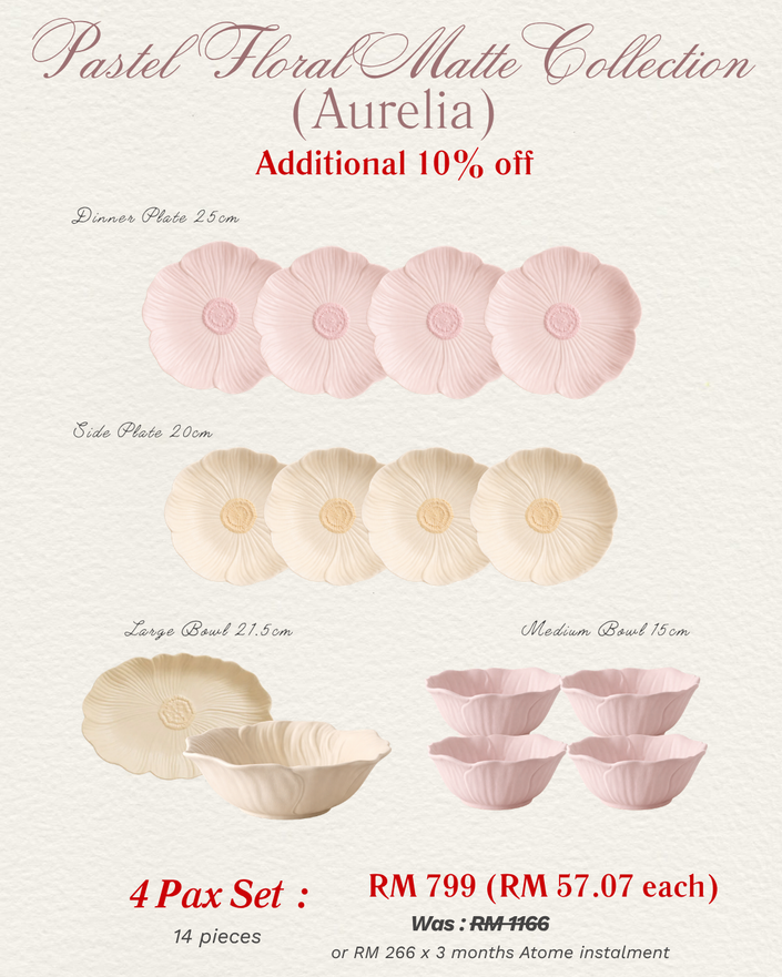 Pastel Floral Dinnerware Matte MIX COLOURS (4 Pax Set – 14 pieces)