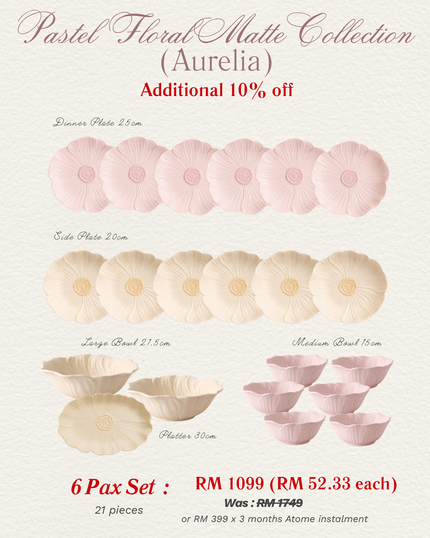 Pastel Floral Matte Dinnerware MIX COLOURS (6 Pax Set – 21 pieces)