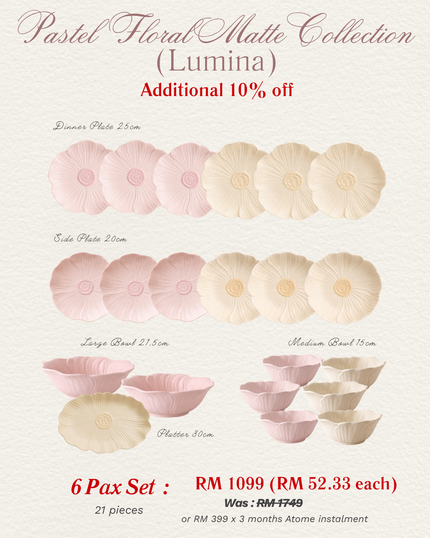 Pastel Floral Matte Dinnerware MIX COLOURS (6 Pax Set – 21 pieces)