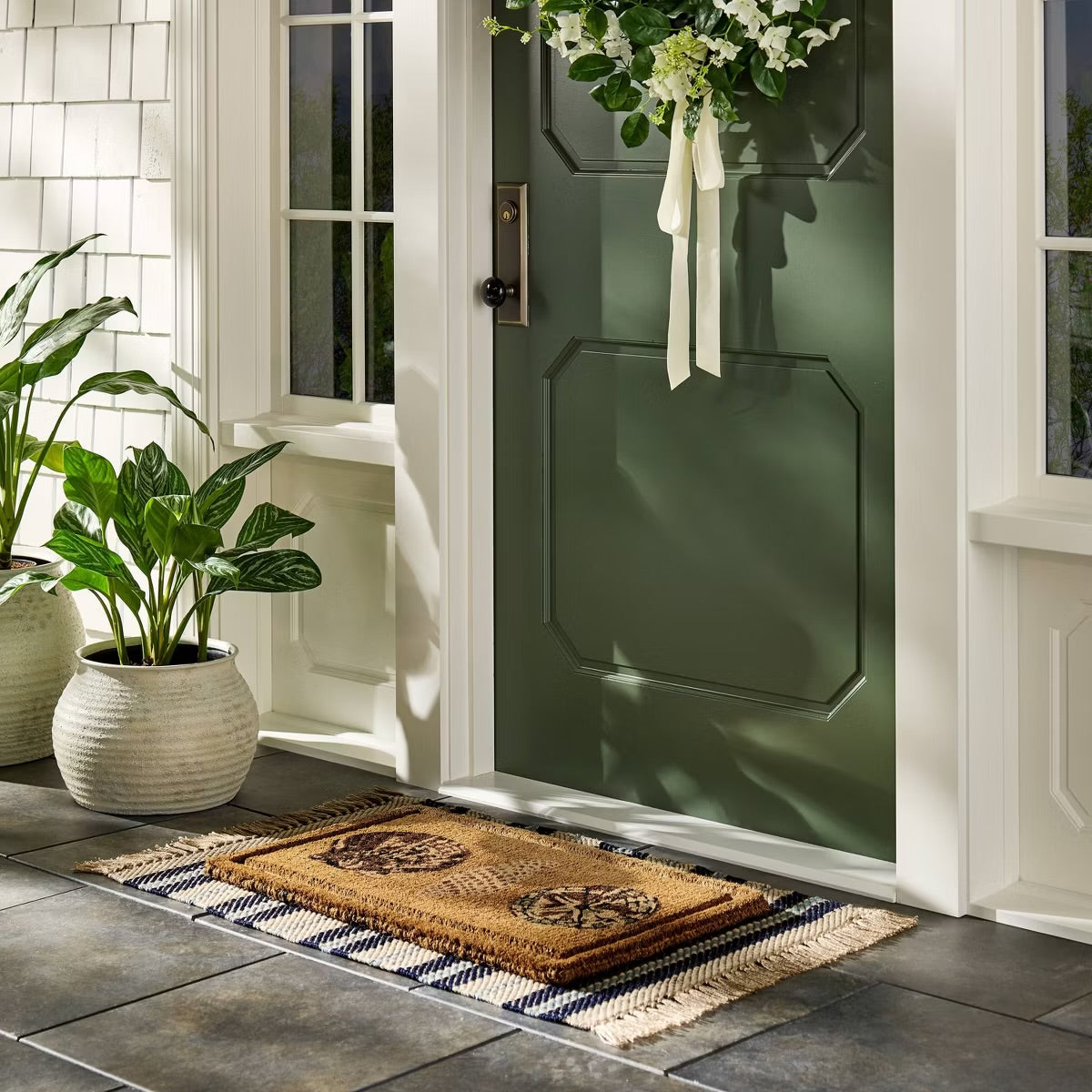 Embossed Seashells Coir Doormat Natural/Blue