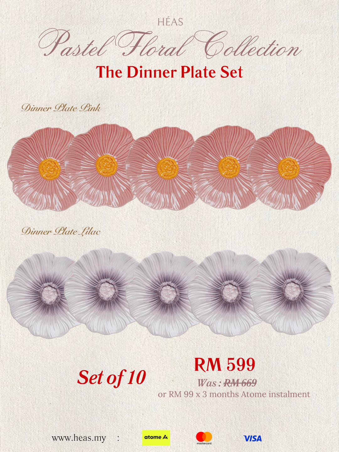 Pastel Floral Dinner Plate 25cm (MIX COLOURS)