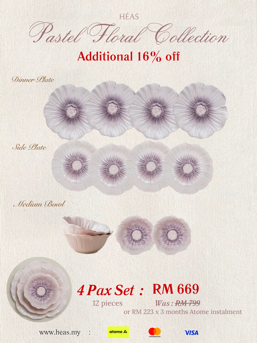 Pastel Floral Dinnerware Lilac Bloom (4 Pax Set – 12 pieces)