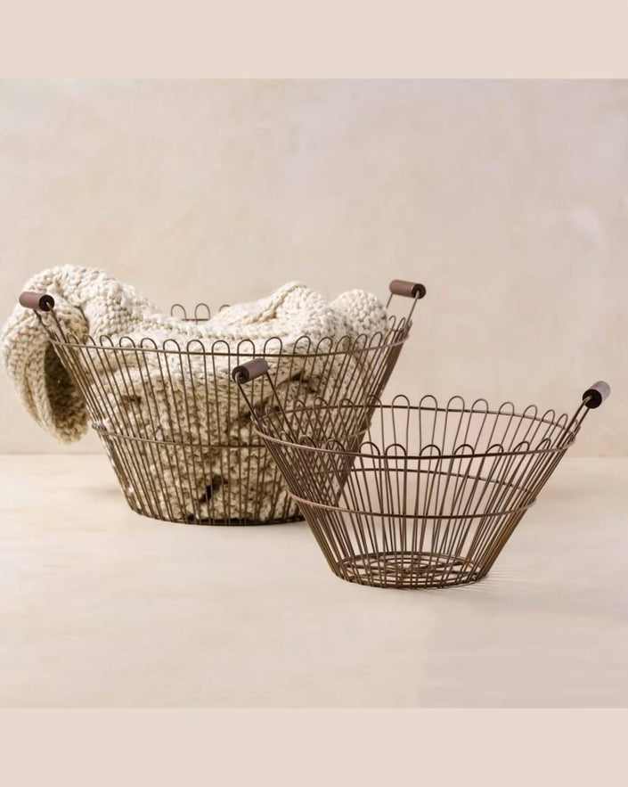 Magnolia Vintage Inspired Wire Basket with Wooden Handle - Large