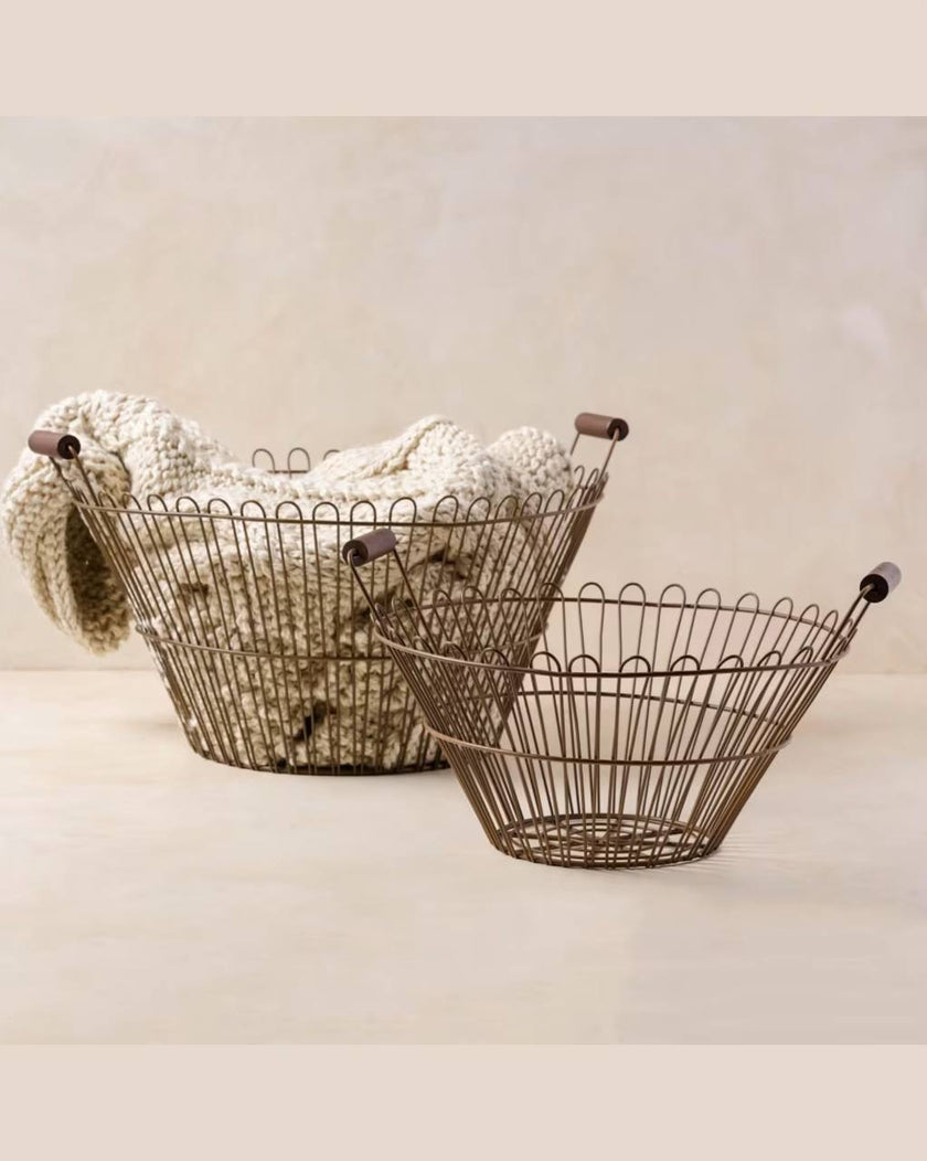 Magnolia Vintage Inspired Wire Basket with Wooden Handle - Large