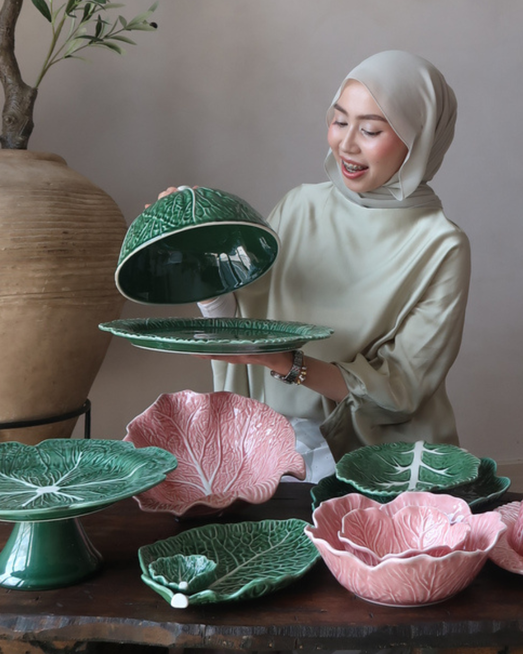 Green Cabbage Serving Dome Set 35cm