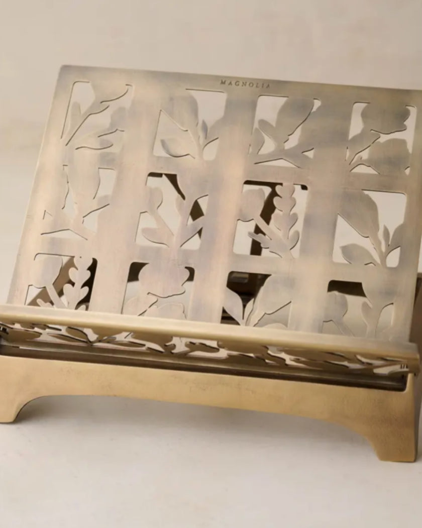 Antiqued Brass Shadow Floral Cookbook Stand