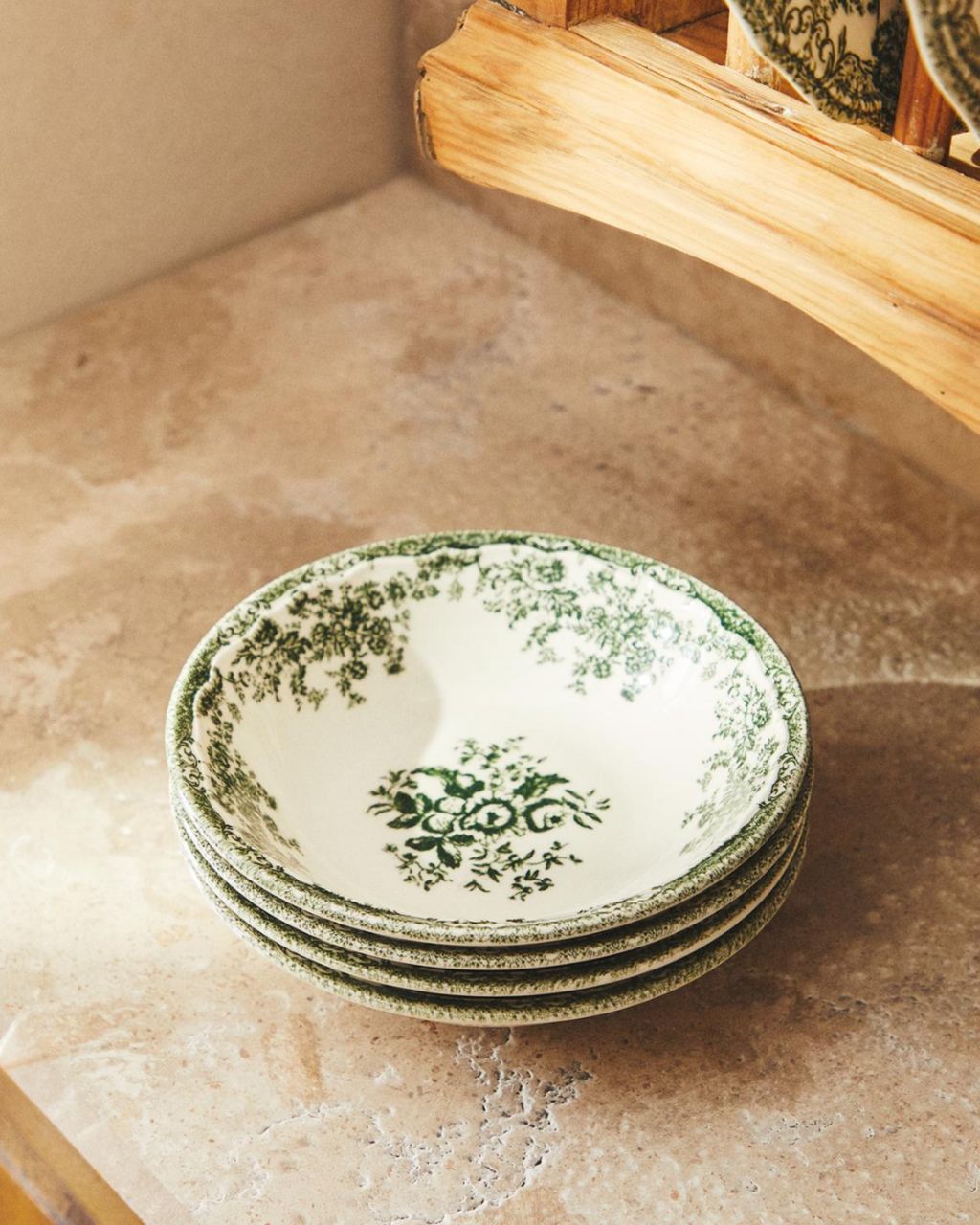 Floral Earthenware Dinnerware Set in Dark Olive Green