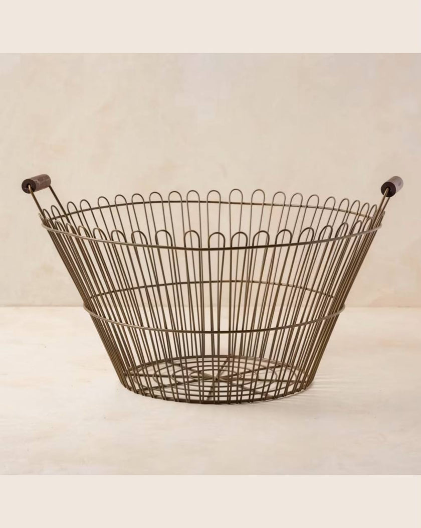Magnolia Vintage Inspired Wire Basket with Wooden Handle - Large