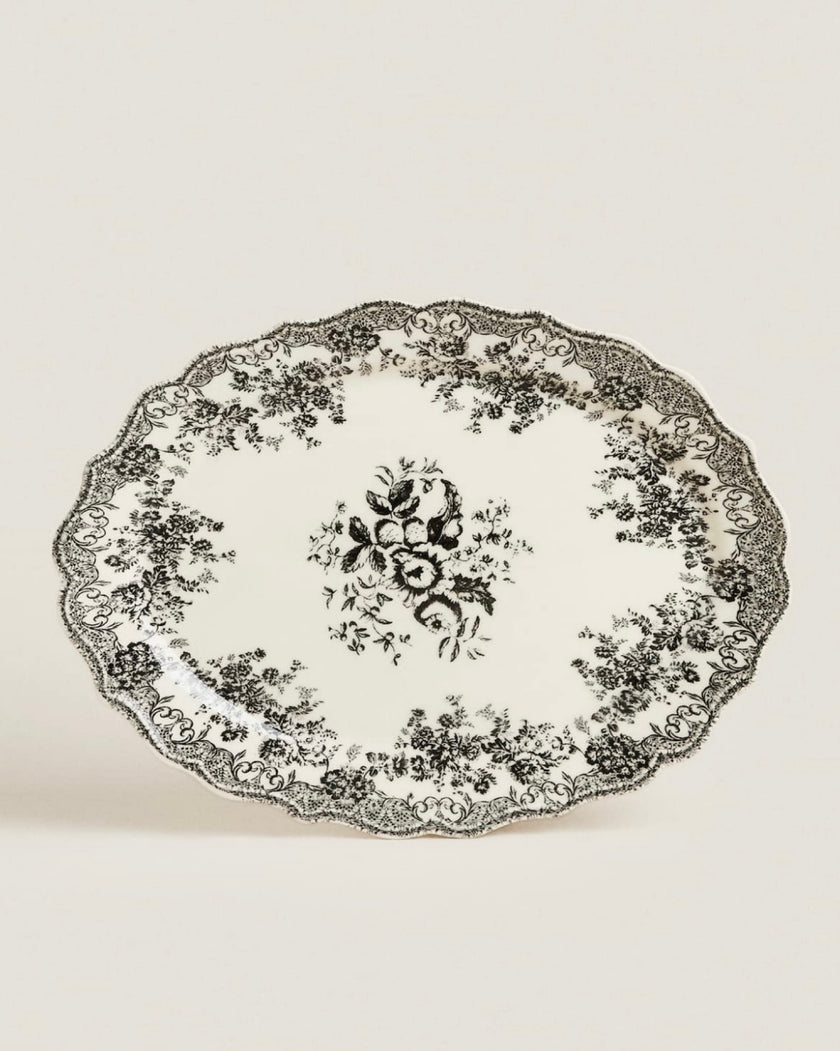 Floral Earthenware Serving Platter in Black