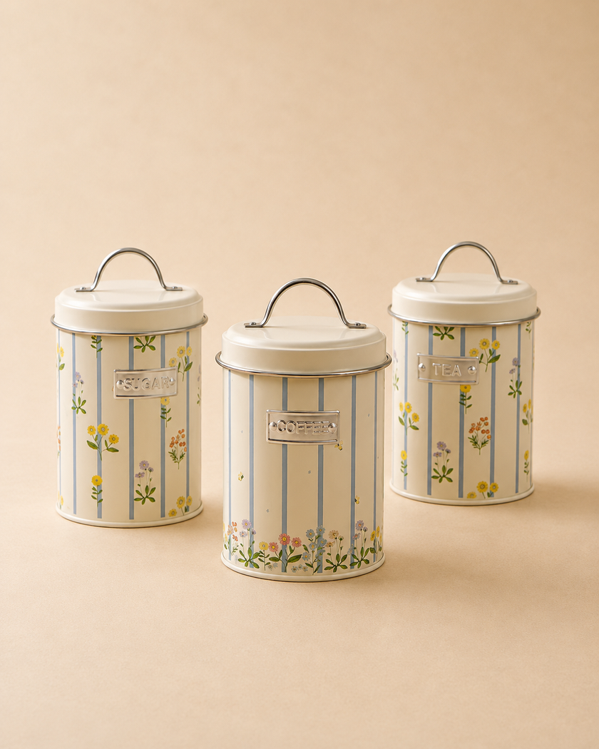 Set of 3 Natural Maisie Floral Print Storage Jars