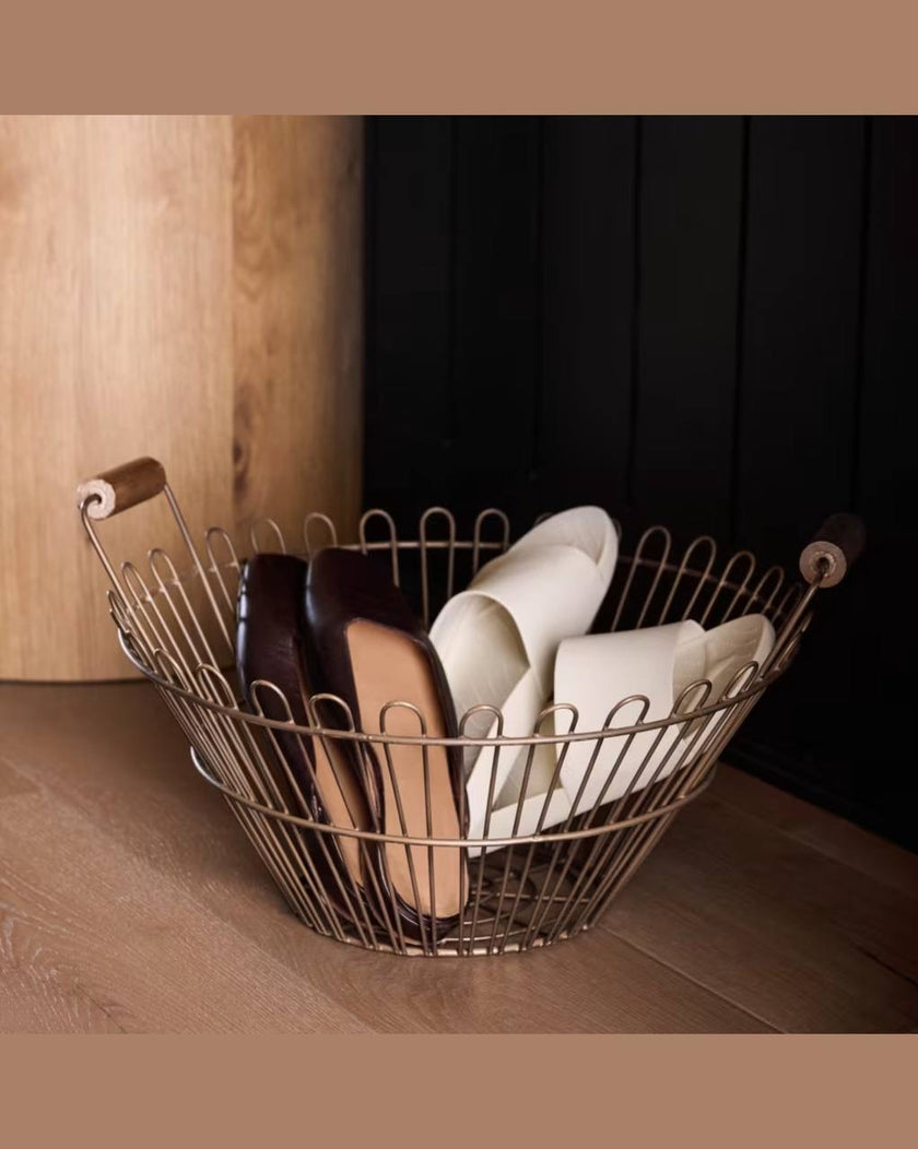 Magnolia Vintage Inspired Wire Basket with Wooden Handle - Large