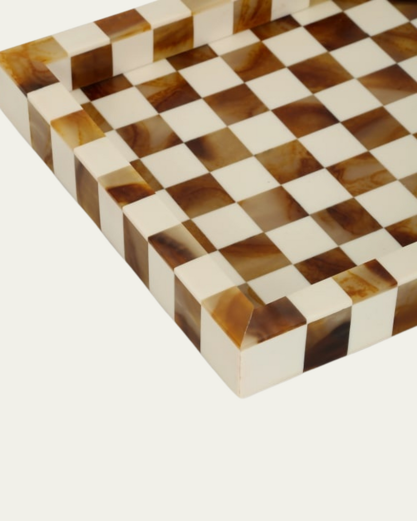 Vintage Luxury Brown/Cream Checked Decorative Tray