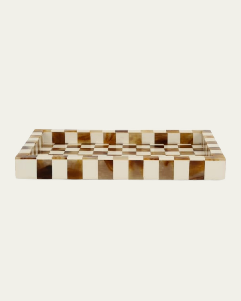 Vintage Luxury Brown/Cream Checked Decorative Tray