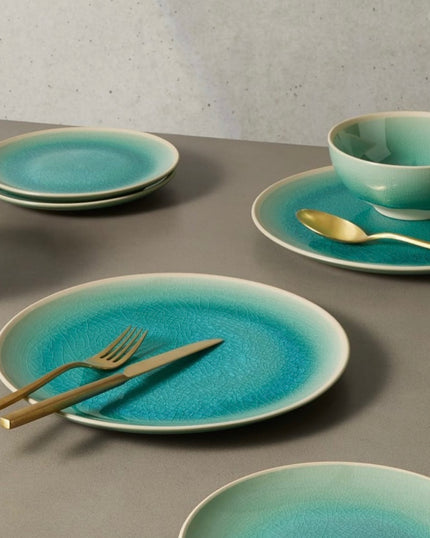 12 Piece Kinna Crackle Glaze Dinner Set, Turquoise