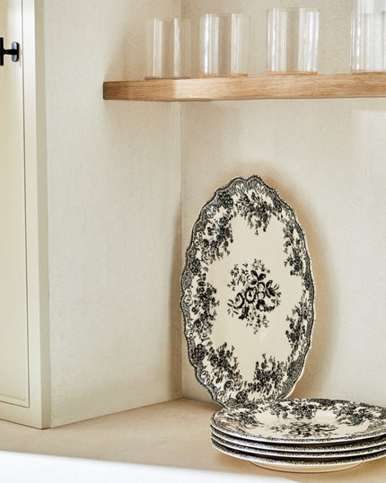 Floral Earthenware Serving Platter in Black