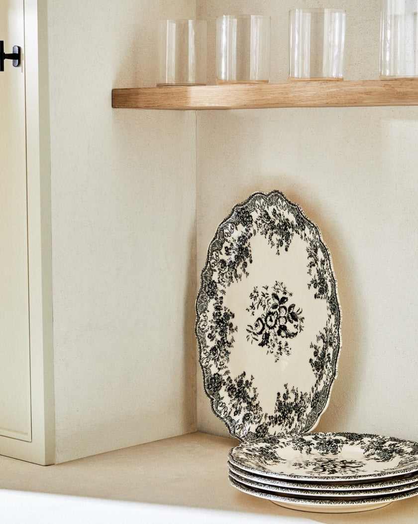Floral Earthenware Serving Platter in Black