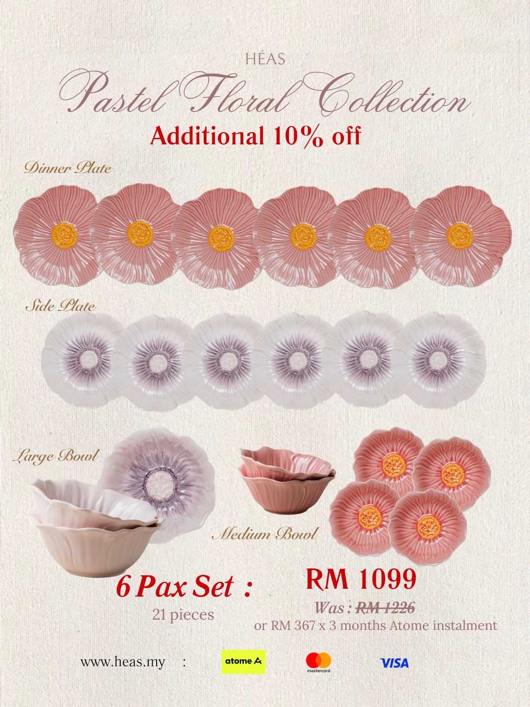 Pastel Floral Dinnerware MIX COLOURS (6 Pax Set – 21 pieces)