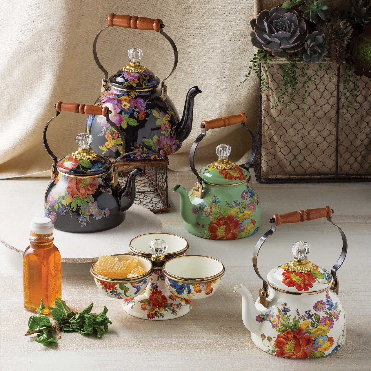 Black Flower Market Tea Kettle