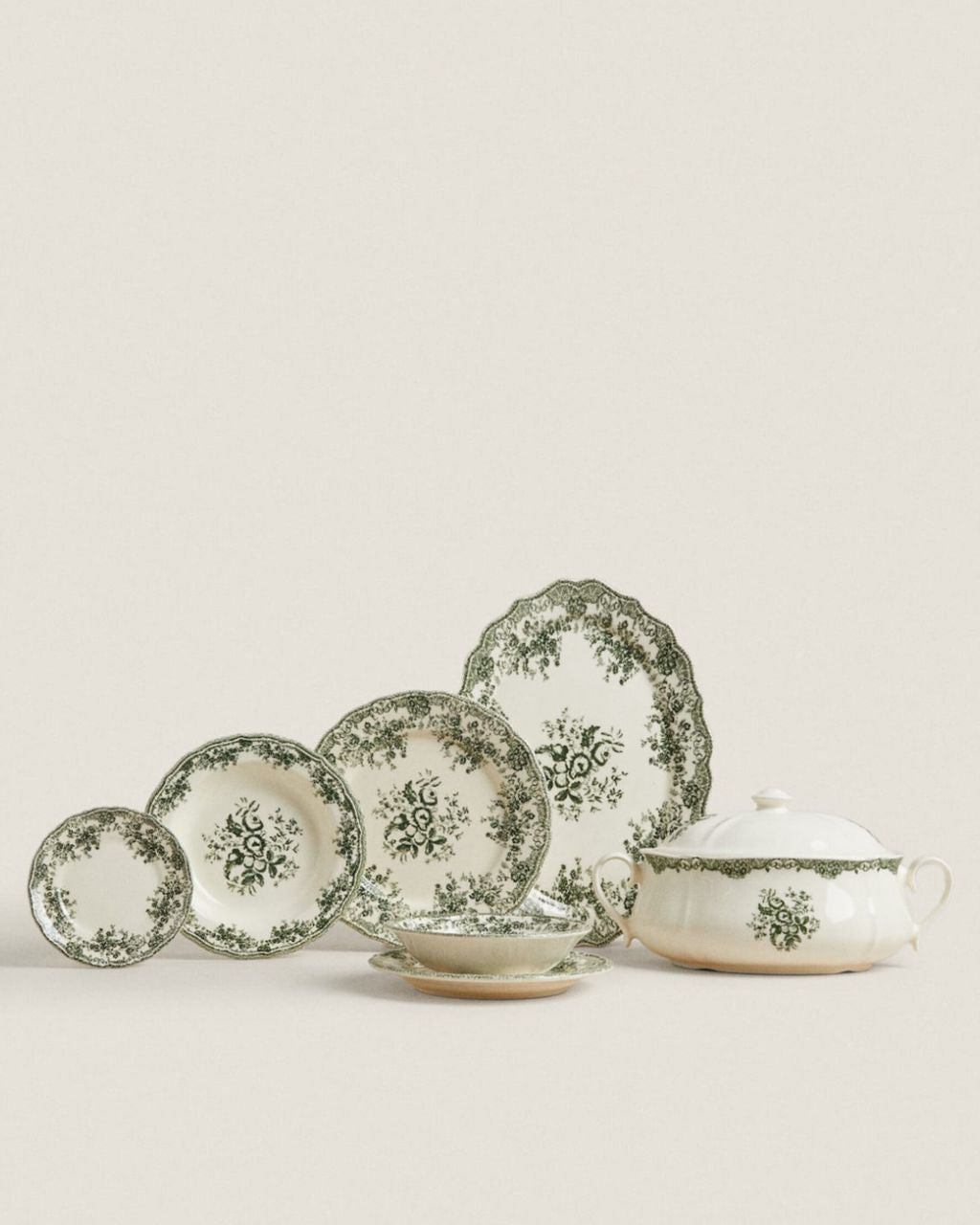 Floral Earthenware Dinnerware Set in Dark Olive Green