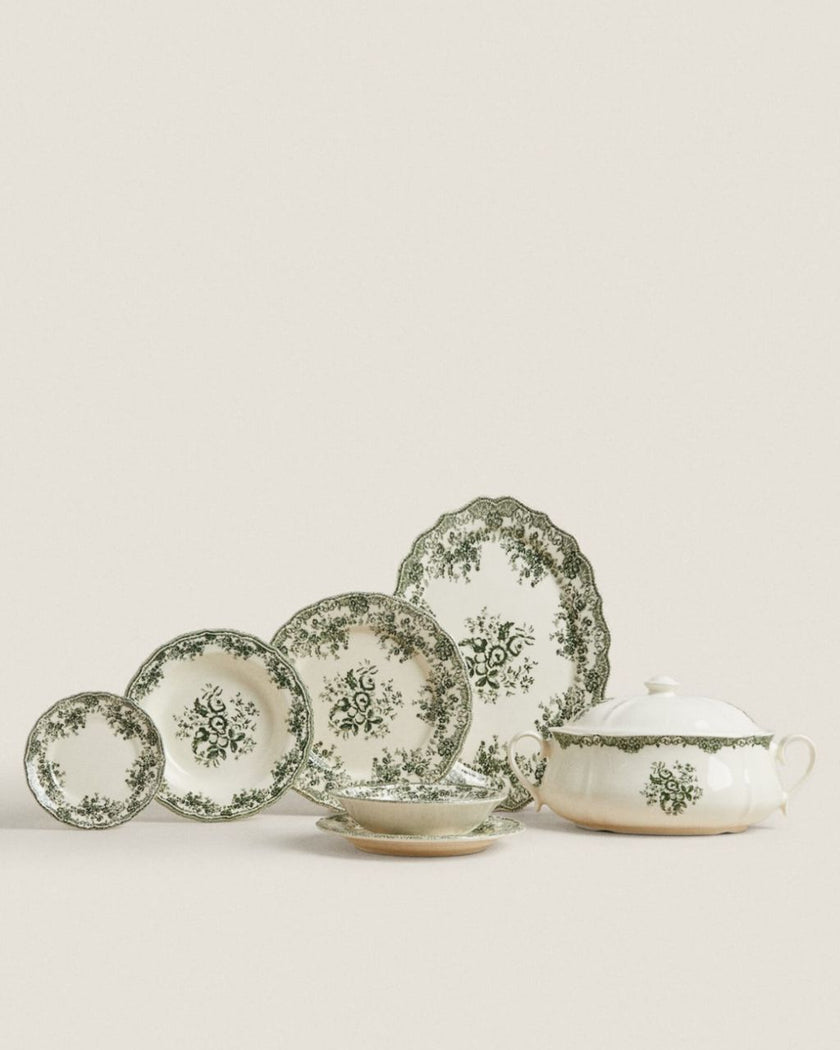 Floral Earthenware Dinnerware Set in Dark Olive Green