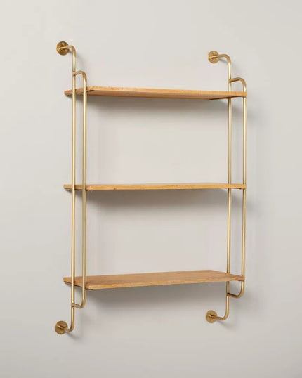 Wood & Brass Decorative 3-Tier Wall Shelf