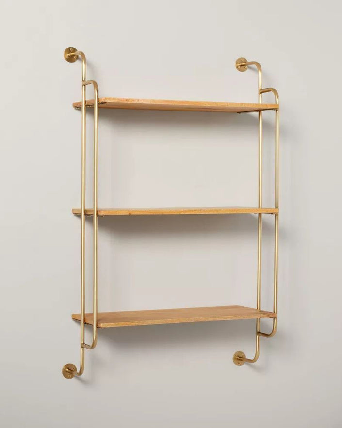 Wood & Brass Decorative 3-Tier Wall Shelf