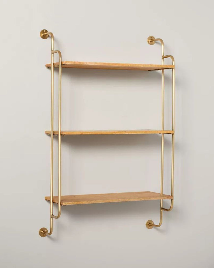 Wood & Brass Decorative 3-Tier Wall Shelf