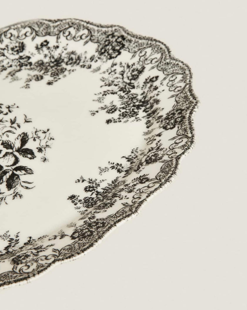 Floral Earthenware Serving Platter in Black