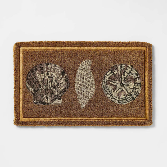 Embossed Seashells Coir Doormat Natural/Blue