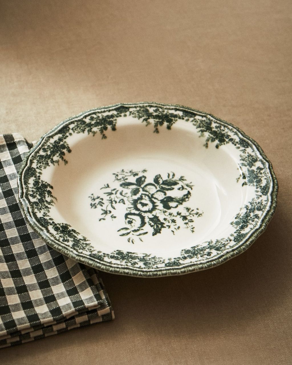 Floral Earthenware Dinnerware Set in Dark Olive Green