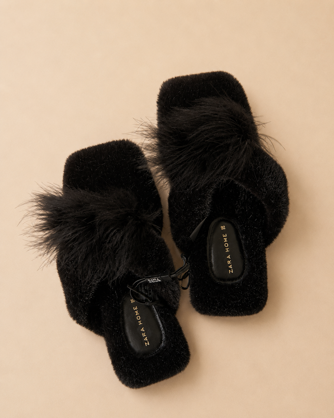 Black Feather Flat Slippers (Size EU 35)