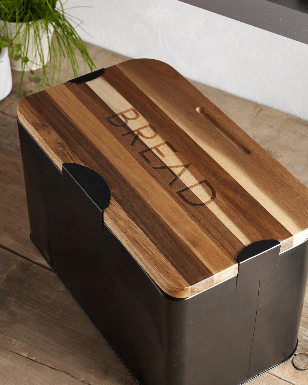 3-in-1 Black Bread Bin with Wooden Serving Board Lid