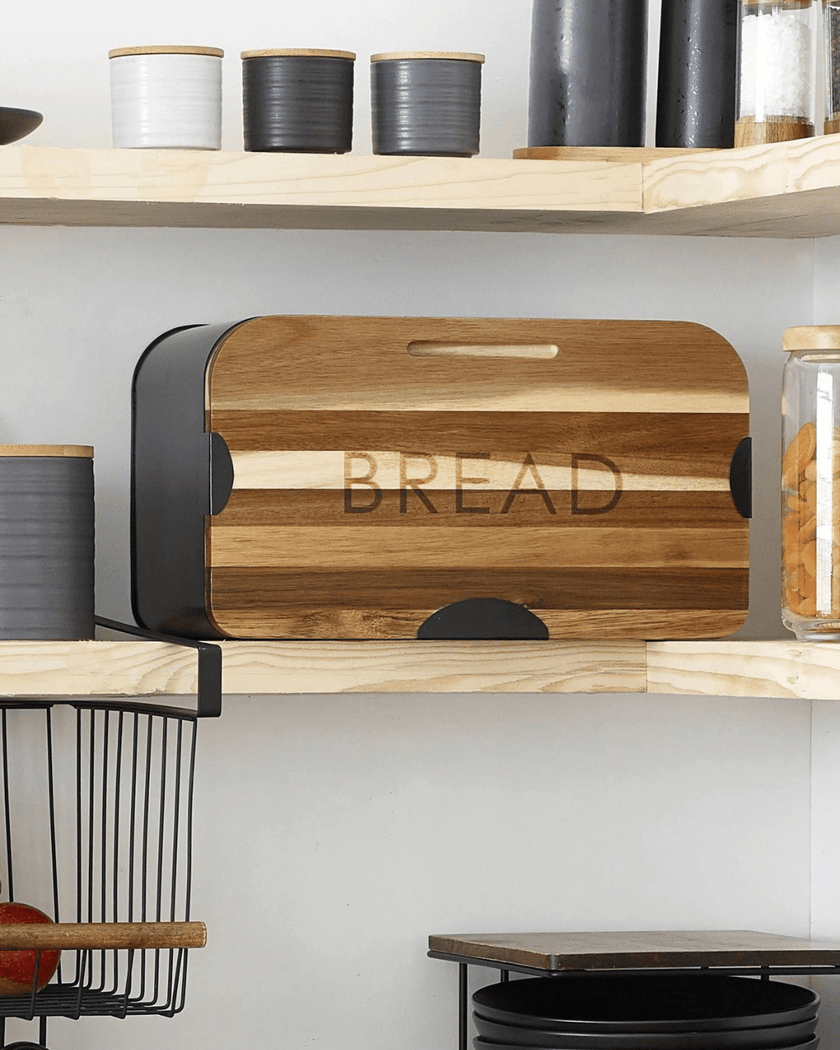 3-in-1 Black Bread Bin with Wooden Serving Board Lid