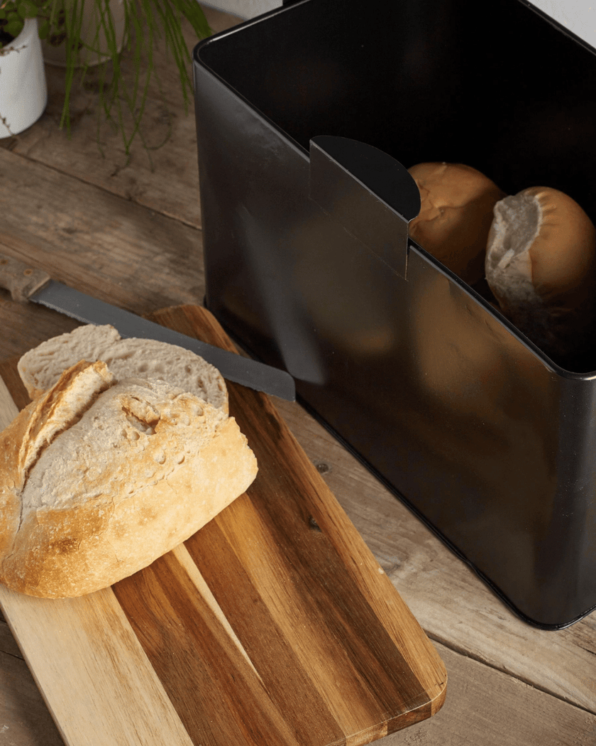 3-in-1 Black Bread Bin with Wooden Serving Board Lid