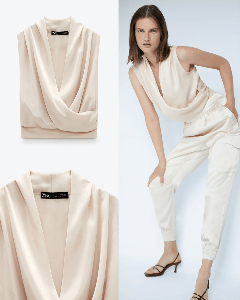 Satin Blouse with Crossed Front Detail