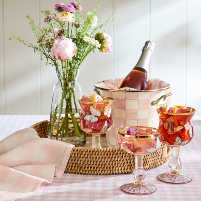 Rosy Check Enamel & Rattan Round Serving Tray 41cm