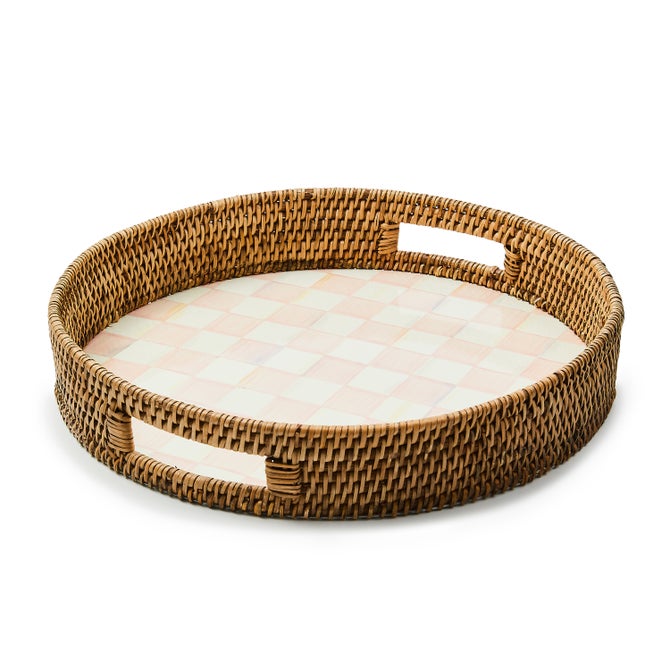 Rosy Check Enamel & Rattan Round Serving Tray 41cm