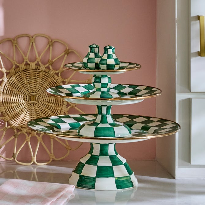 Emerald Check Pedestal Platter