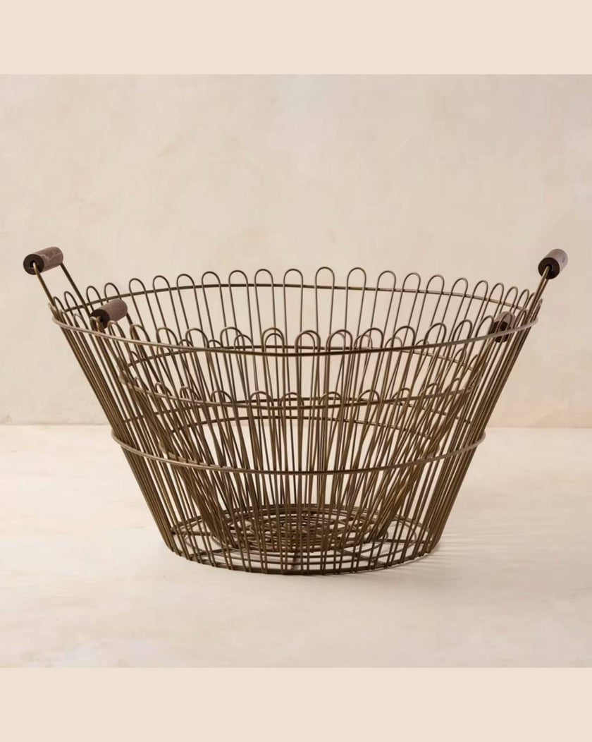 Magnolia Vintage Inspired Wire Basket with Wooden Handle - Large