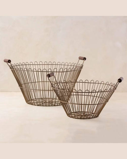 Magnolia Vintage Inspired Wire Basket with Wooden Handle - Large