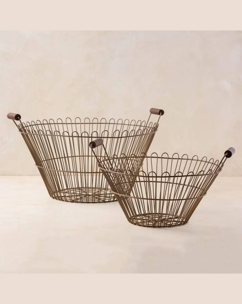 Magnolia Vintage Inspired Wire Basket with Wooden Handle - Large