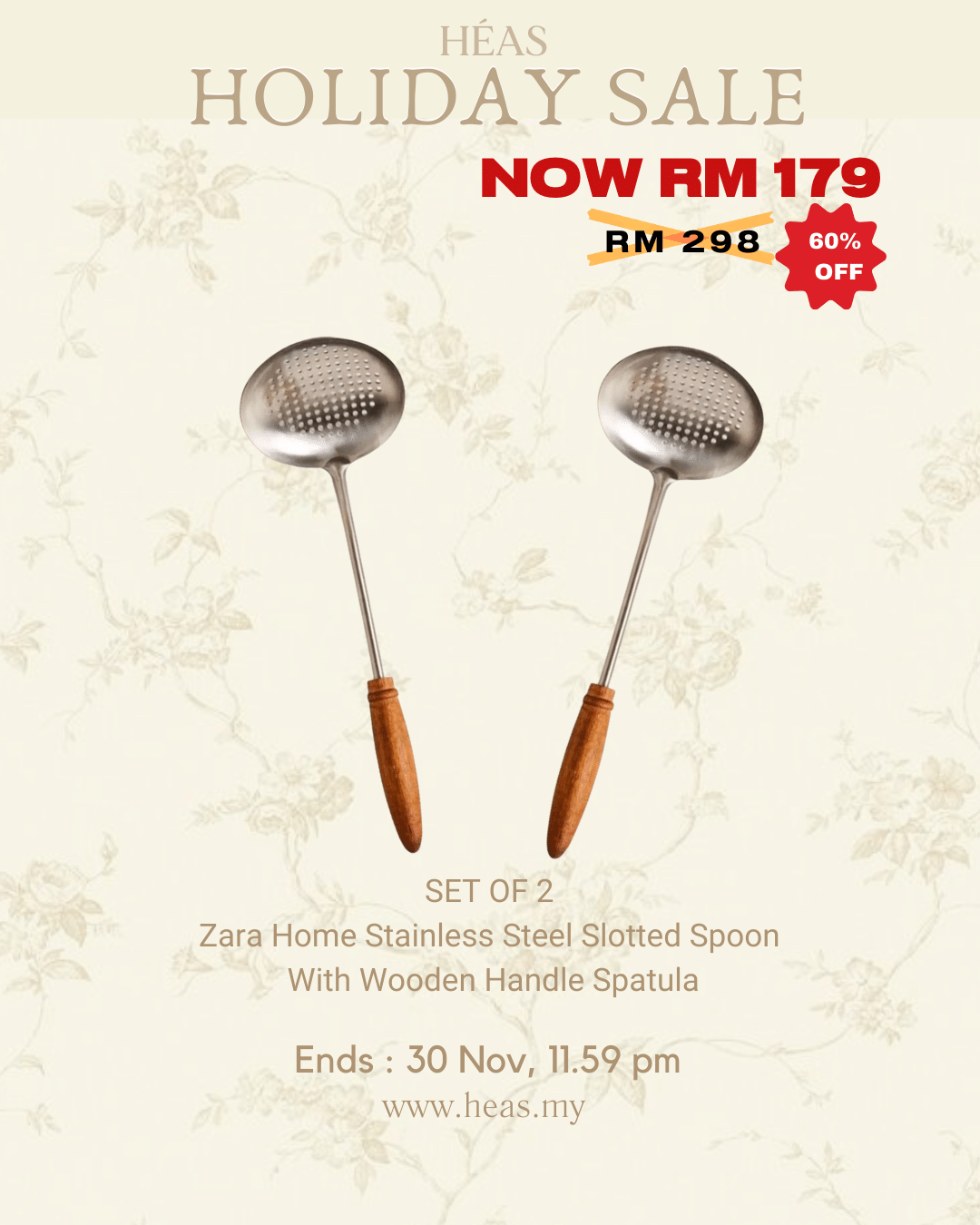 COMBO DEAL Set of 2 Stainless Steel Slotted Spoon With Wooden Handle Spatula