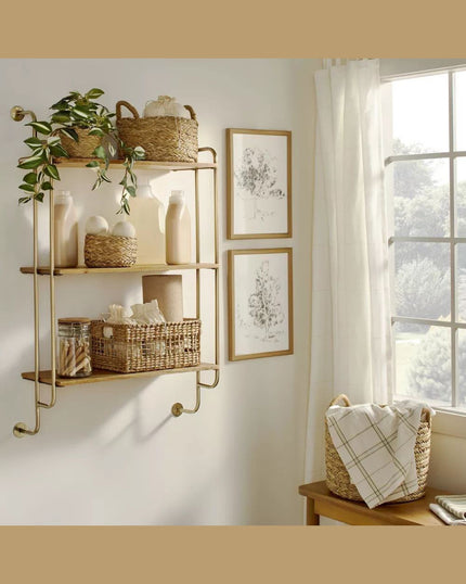 Wood & Brass Decorative 3-Tier Wall Shelf