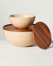 Ribbed Stoneware Serving Bowls with Wood Lids Blush/Brown (Set of 2)
